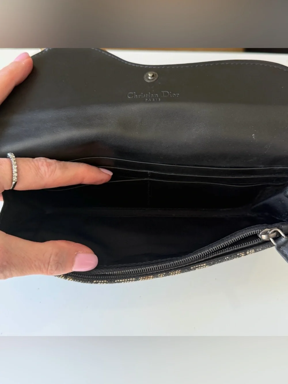 Christian Dior Oblique Saddle Wallet with D Charm Black Gray Canvas